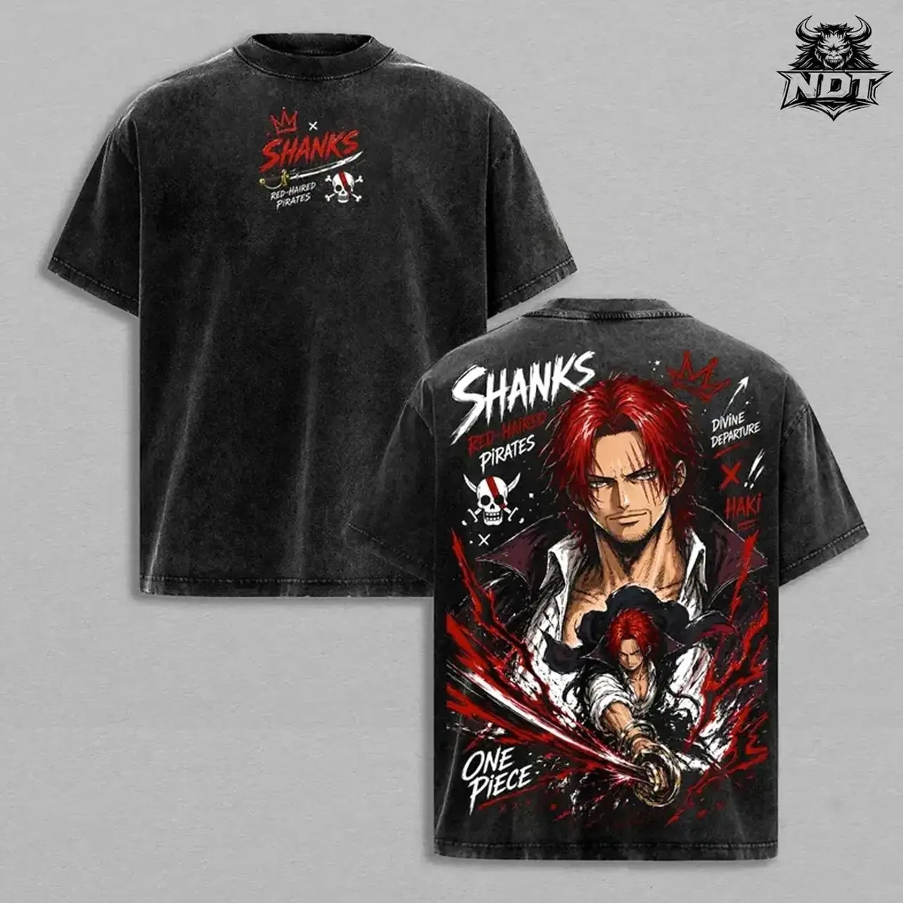 Shanks One Piece Vintage Washed Shirt Red Hair Pirates Haki Graphic Tee Oversized Anime Streetwear Unisex KEX