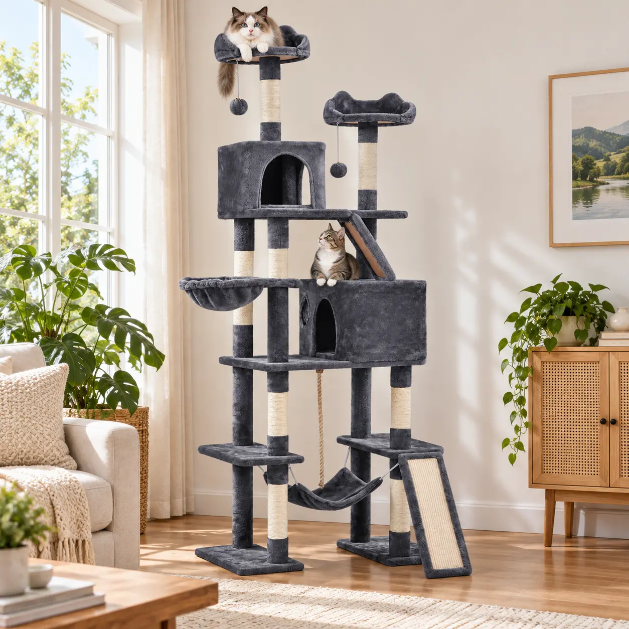 Costoffs 82.5" Large Cat Tree with Double Condos, Hammock & Perches, Multi-Level Indoor Cat Tower for Multi-Cat Homes