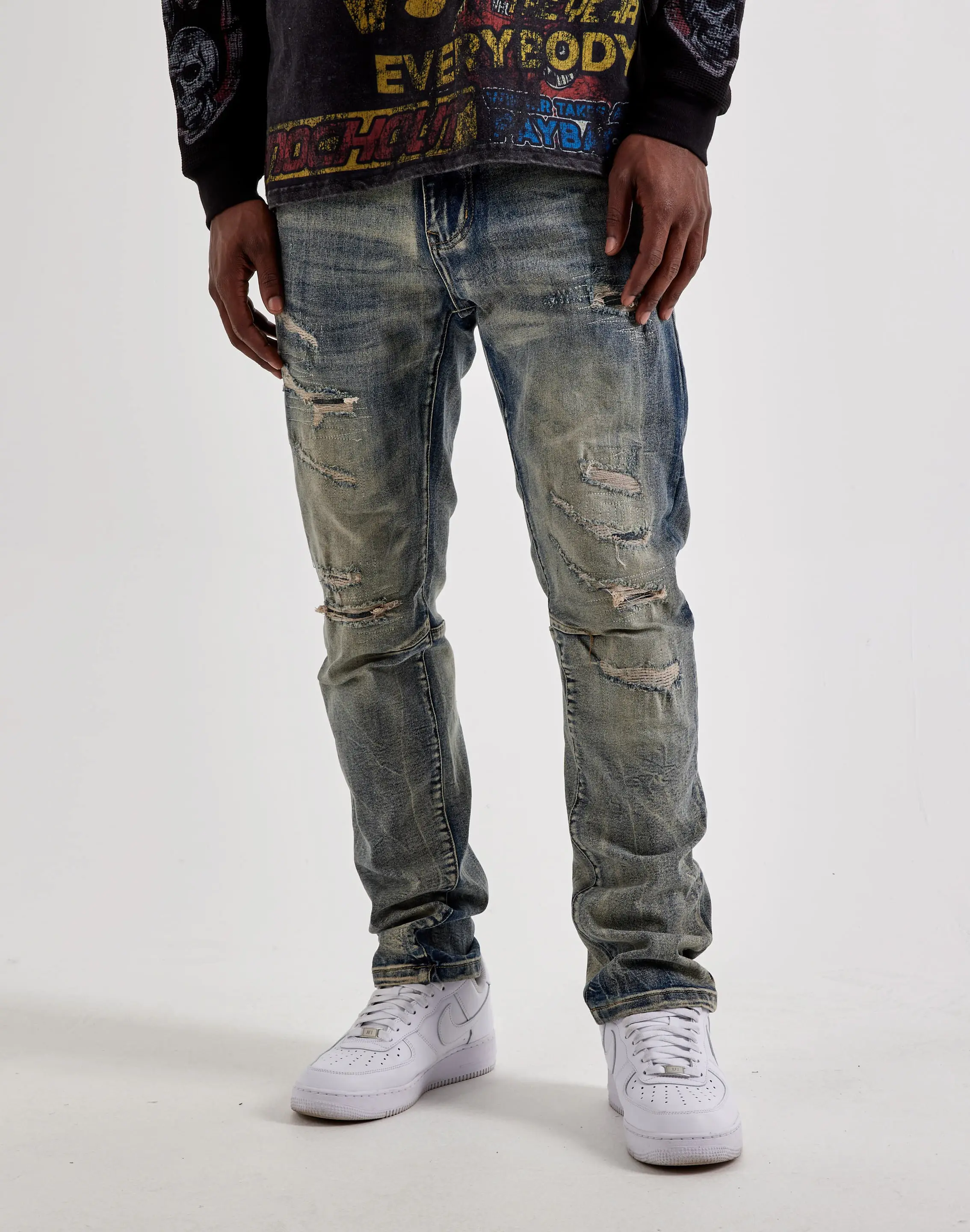 Mens Smoke Rise Slim Distressed Denim Jeans