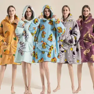 Adult Pizza Print Hooded Sweatshirt Blanket, Soft Comfortable Oversized Loungewear, with Pockets, Unisex Home Sleepwear, Hoodie Blanket