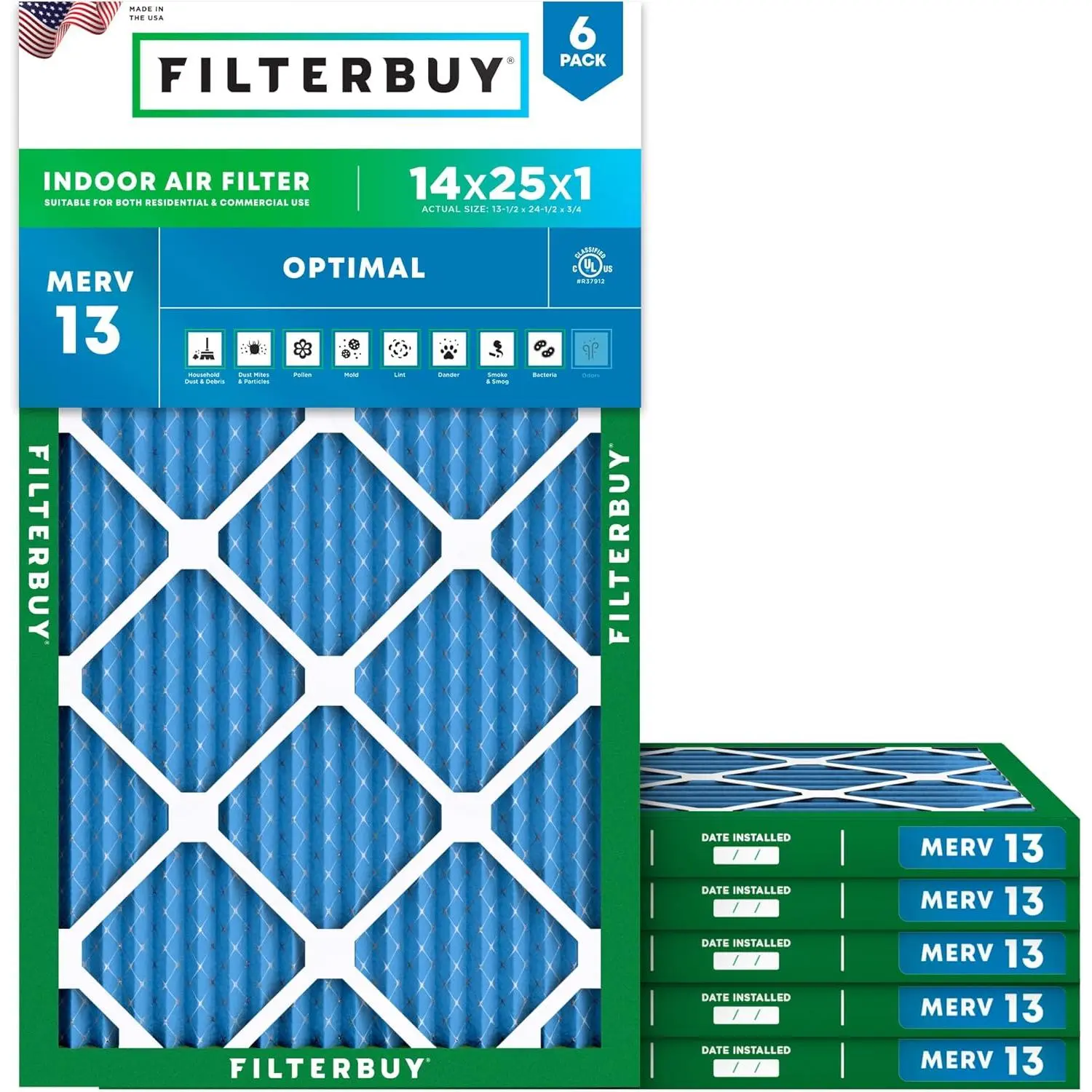 Filterbuy 14x25x1 Eco-Friendly HVAC AC Furnace Air Filter (6-Pack) - Pleated MERV 13 Optimal Defense, Electrostatically Charged, Endures 200°F Temp, Withstands Moisture (Actual Size:13.50x24.50x0.75 in)