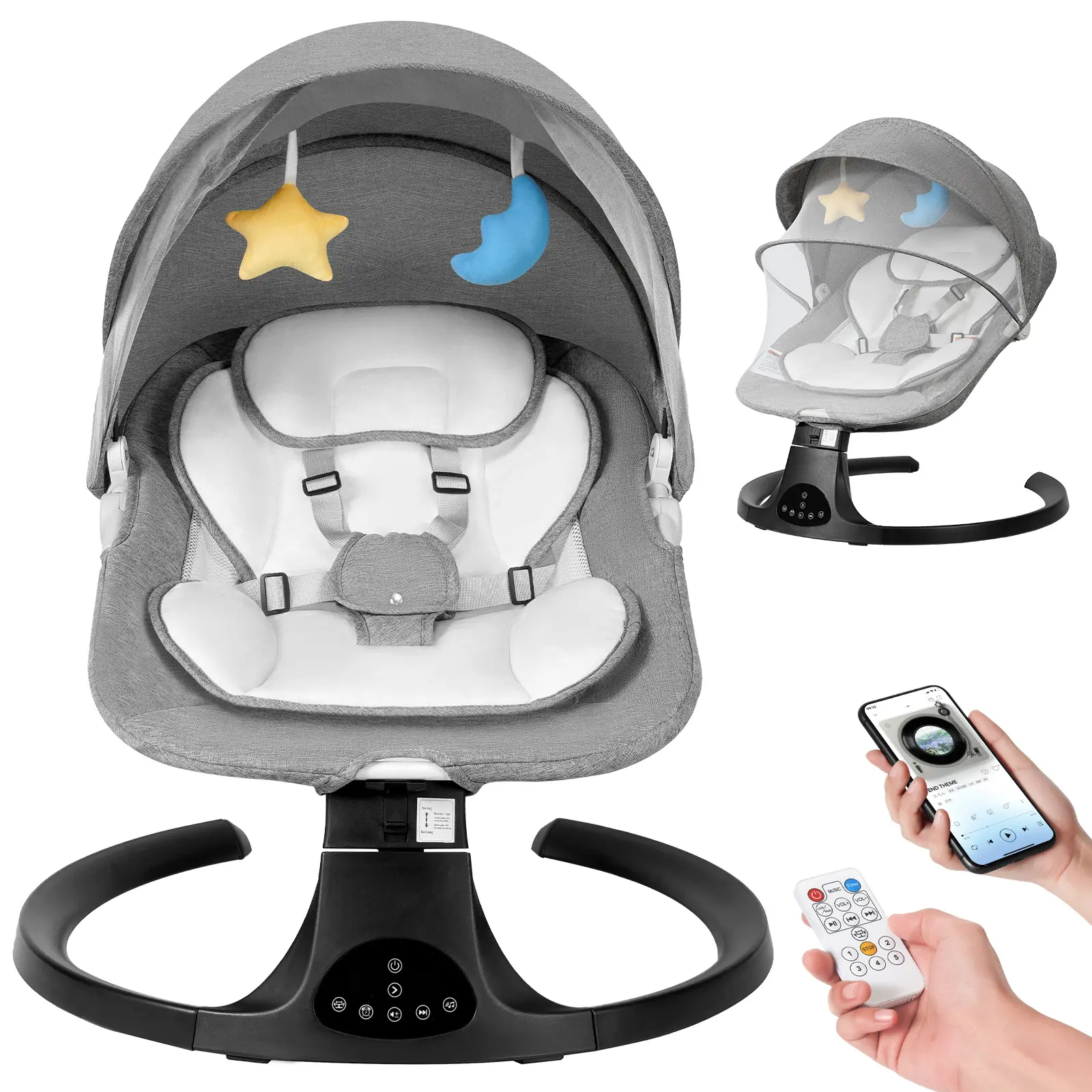 Baby electric rocking chair, electric baby swing, 5 speeds, 10 melodies , Adapter and screw battery , Suitable for indoor use,New generation grey remote control, comfortable and relaxing atmosphere，Portable Swing for Baby Boy Girl Summer Sale