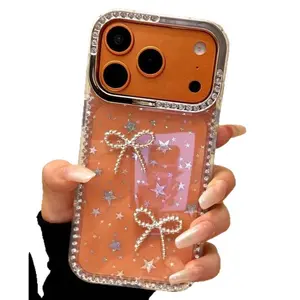 Ins Style 3D Pearl Heart Bowknot Large Window Cellphone Cover Compatible with iPhone 17 Air 16 15 14 Plus 13 12 11 Pro Max Phone Case Sparkling Diamond Star Cases