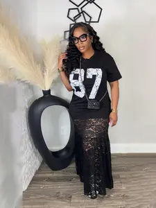 Elegant Women's Lace Dress with Letter Print, Casual Fitted Style for Spring & Fall, Thin Fabric Lightweight Fashionable Ladies' Clothing