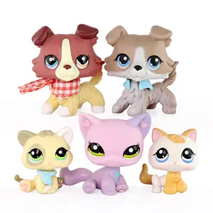 5Pcs Cute Big Eyes Pet Figurines Set, Assorted Collie Dogs & Kitten Mini Animal Dolls with Bandana Collar Accessories, Kids Pretend Play Toy, Collectible Figures, Desktop Decor & Birthday Gift
