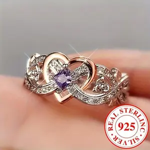 Elegant925SterlingSilverInfinityHeartRingwithPurpleZircon,AnniversaryEngagementWeddingRing,0.1OzRingGift