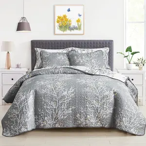 3 count Reversible Quilt Set Gray White Branch with Yellow Dots  Full Size 88x88 Soft Microfiber Lightweight Summer Coverlet Bedspread for All Season (1 Quilt+ 2 Shams)