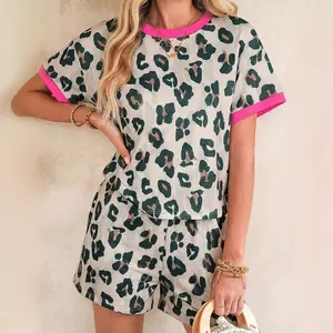 2 Piece Outfits for Women Leopard Print Contrast Trim Tee and High Waist Shorts Summer Casual Set 2026