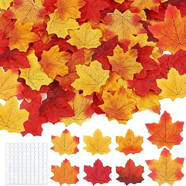 400 Piece Fall Leaves Set 7 Colors Artificial Autumn Maple Leaf Decor with 100 Glue Dots Perfect for Wreath and Bouquet Making, Weddings, Halloween, Thanksgiving Decoration