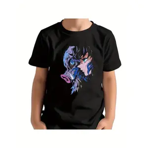 Men's Vintage-Inspired Classic Cotton Inosuke Hashibira Graphic Menswear T-Shirt - Black Shortsleeve Round Neck Regular Fit Anime Tee with Blue-Purple Face Design, Non-Stretch All-Season Apparel for Anime Fans, Father's Day Gift, Seamless
