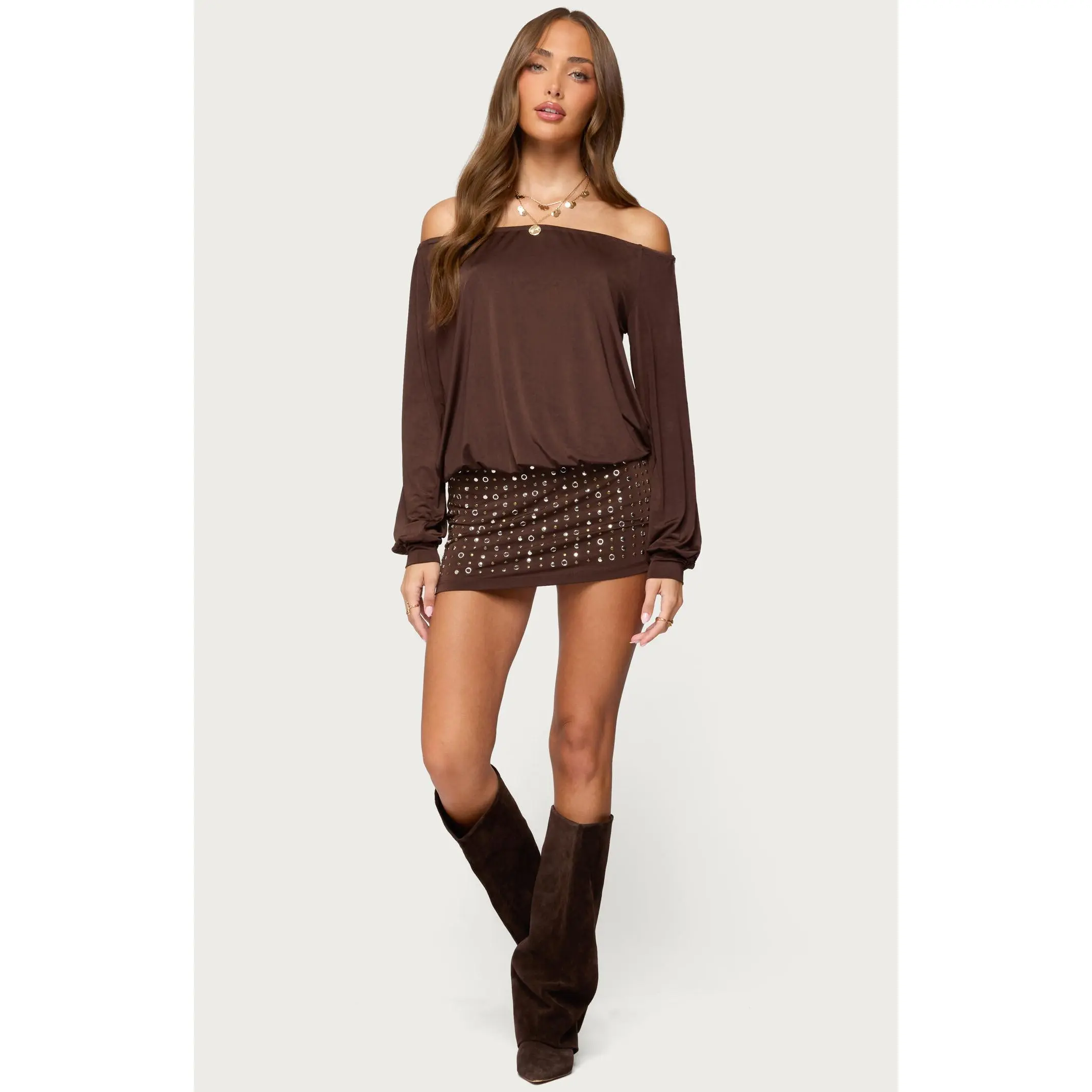 Edikted Women's Studded Off Shoulder Backless Romper