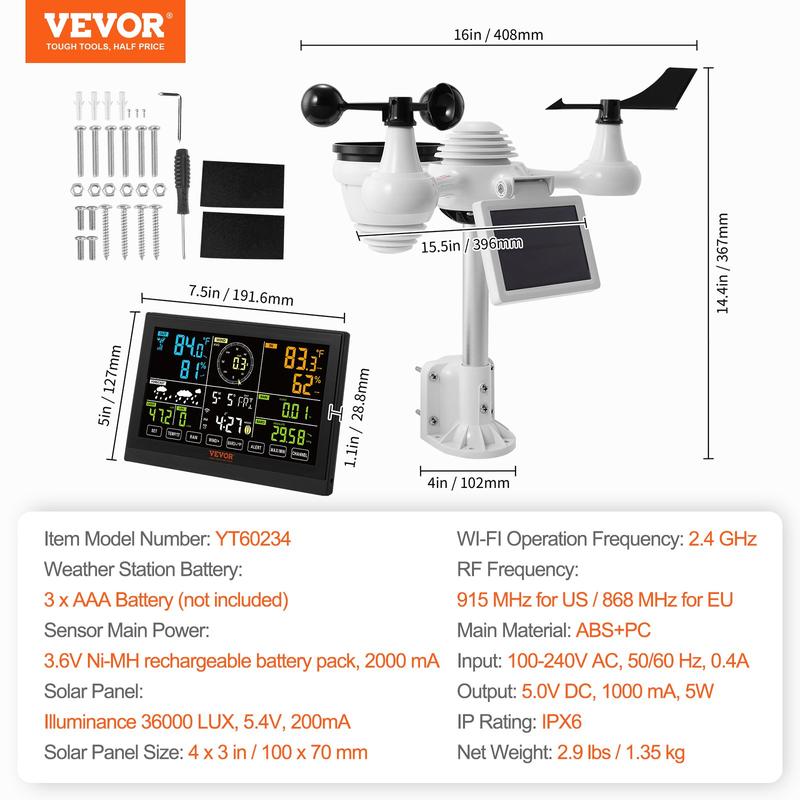 VEVOR 7-in-1 Wi-Fi Weather Station, TikTokShopBlackFriday, 7.5 in Color Display, Home Weather Station Indoor Outdoor, with Solar Wireles  VEVOR Super Brand Days Outdoor Sensor Alarm Alerts, for Temperature Humidity Wind Speed/Direction Rain