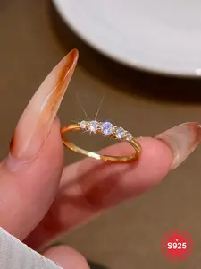S925 Sterling Silver Ring with Five Cubic Zirconia Stones, Exquisitely Designed Ring for Women, Trendy All-match & Exquisite Jewelry for Birthday Gift