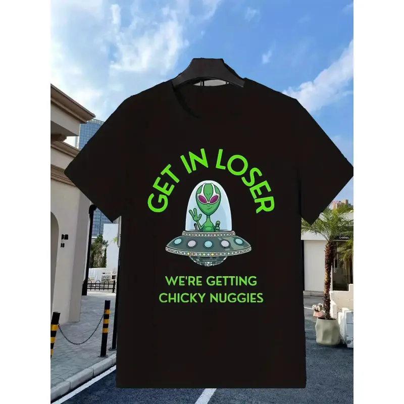 Men's Vintage Alien UFO Hoodie & T-Shirt with "Get In Loser We're Getting Chicky Nuggies" Print - Funny Space-Themed Y2K Humor, Soft Breathable Lightweight Fabric for Casual Wear, Christmas/Thanksgiving Gift for UFO Fans, PLUS SIZE