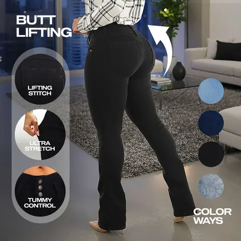 Women's Black Push Up Levantacola Bootcut Jeans - Stretchy Denim, Mid Rise, Classic Casual Everyday Comfortable Jeans MX Jeans by Moda Xpress
