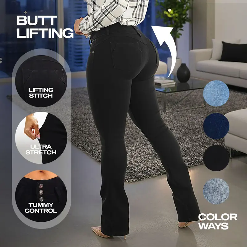 Women's Black Push Up Levantacola Bootcut Jeans - Stretchy Denim, Mid Rise, Classic Casual Everyday Comfortable Jeans MX Jeans by Moda Xpress