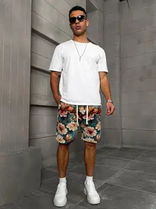 Men's Oil Painting Floral Embroidered Casual Shorts, Drawstring Waist Design, Summer Street Trend Loose Five-Quarter Pants, Lightweight Printed Shorts, Floral Embroidery Shorts