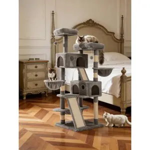 65-Inch Cat Tree Tower, Multi-Level Indoor Cat Activity Center with Wide Stable Base, Plush Perches, Sisal Scratching Posts, Baskets & Hammock, Grey/Dark Grey/Beige