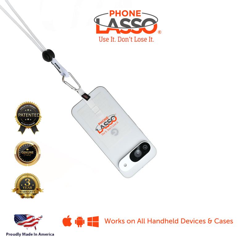 Phone Lasso Anti-Drop Smartphone Tethering System Secure Clip-On Carabiner Adjustable Wrist Strap for Enhanced Phone Safety White Patented