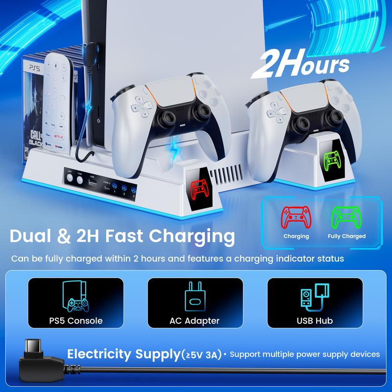 ESYWEN PS5 Cooling Fan Dock & Charging Station with Turbo Fan, 6 Game Card Slots, Dual Controller Charger, RGB Lights, Remote Holder, Compatible with PS5 2020/2023 Slim/2024 Pro Models (Disc & Digital)