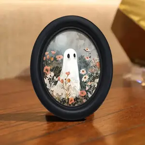 Vintage Style Halloween Ghost Wall Art, Wooden Wall Art, Oval Landscape Decor with Balloon Scene, Perfect for Christmas & Thanksgiving Home Decoration