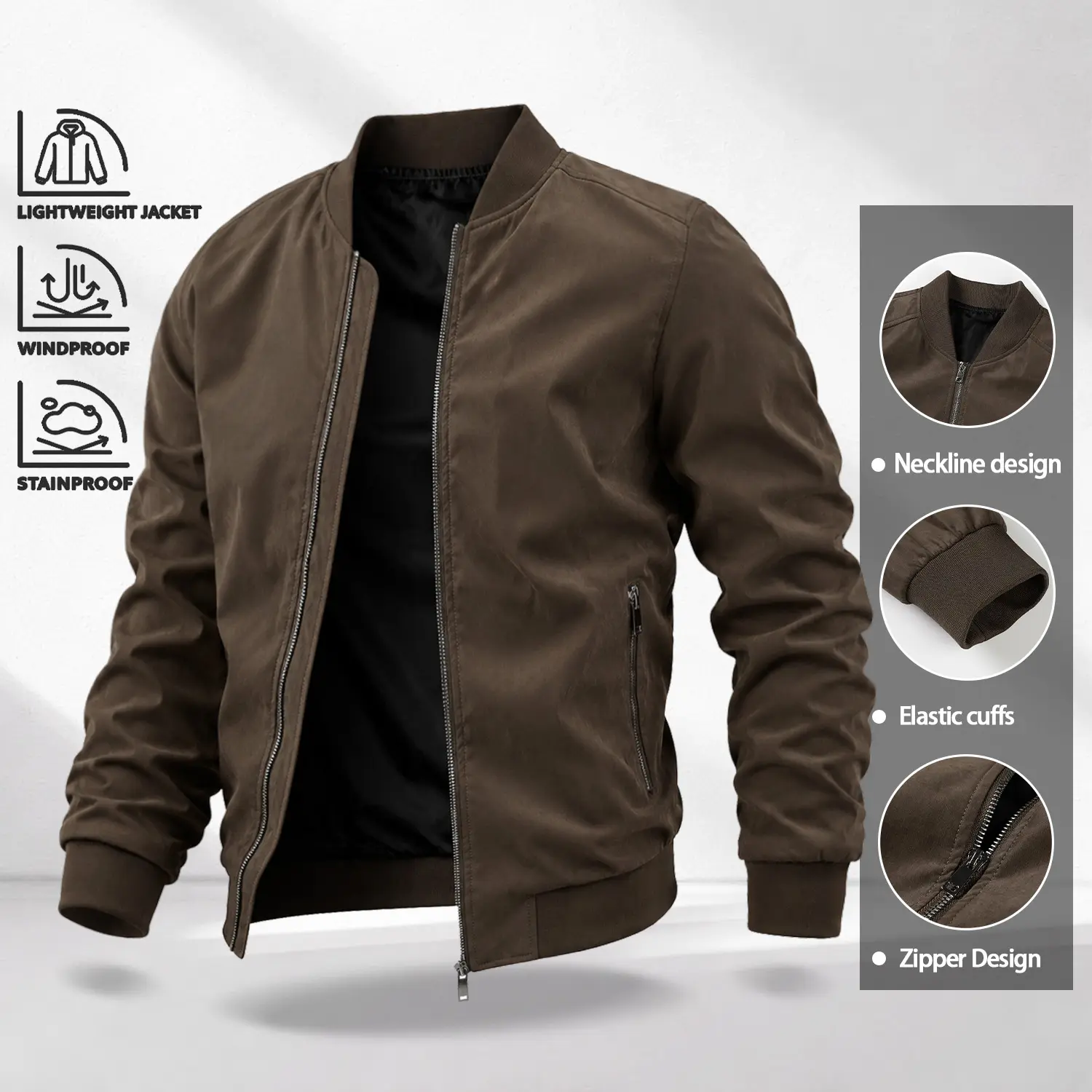 Men’s casual lightweight aviator jacket in a brown tone, classic silhouette, smooth blend fabric, ribbed trim, suitable for layering in spring and autumn, weekend outings, and urban styling.
