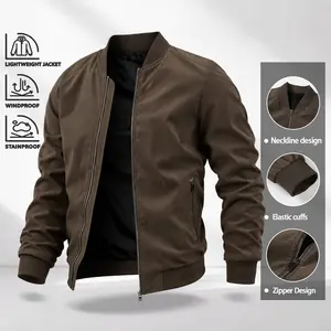 Men’s casual lightweight aviator jacket in a brown tone, classic silhouette, smooth blend fabric, ribbed trim, suitable for layering in spring and autumn, weekend outings, and urban styling.