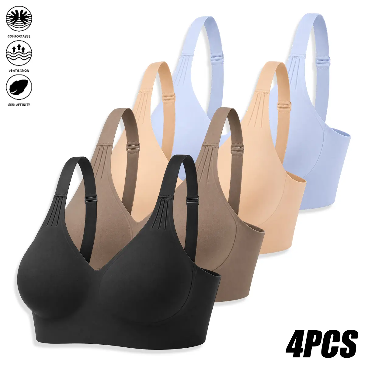4-Pack Women’s Seamless Wireless Comfort Bras, plush-soft air-circulating gentle skin-friendly bralettes with adjustable wide straps, smooth unlined cups that won’t show under outfits, black, brown, nude, blue value pack for work, office, commuting, erran
