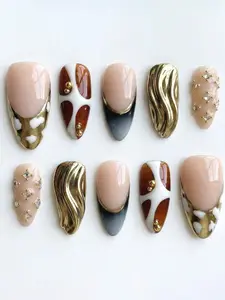 10 PCS Handmade Medium Almond Press On Nails, Olive Green & Tortoise Shell French Tip With 3D Gold Nail Charms