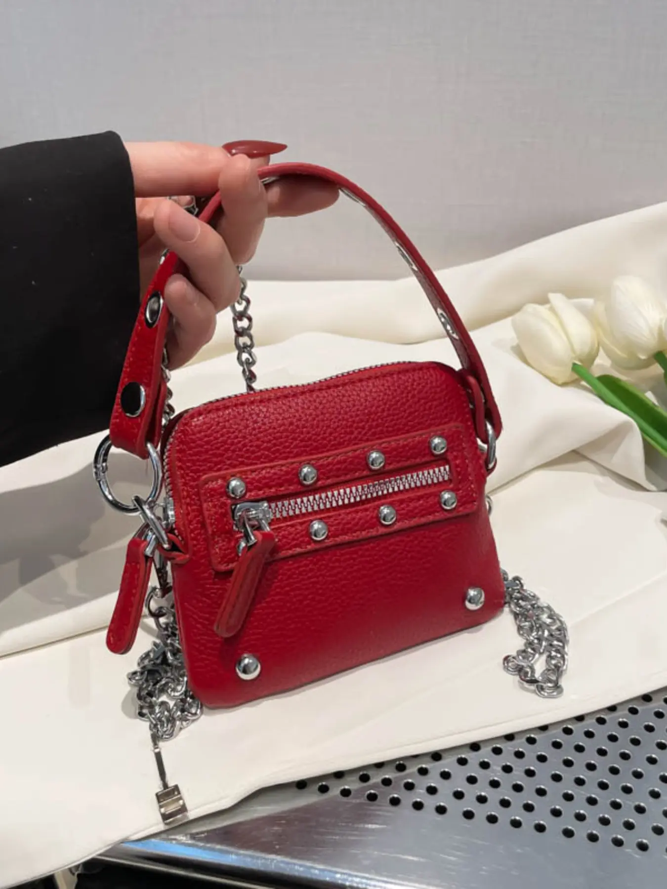 Women's Rivet Chain Handbag, Punk Style Motorcycle Crossbody Bag, Streetwear Mini Bag, Vintage Y2K Lipstick Card Holder, Crossbody Shoulder Bag