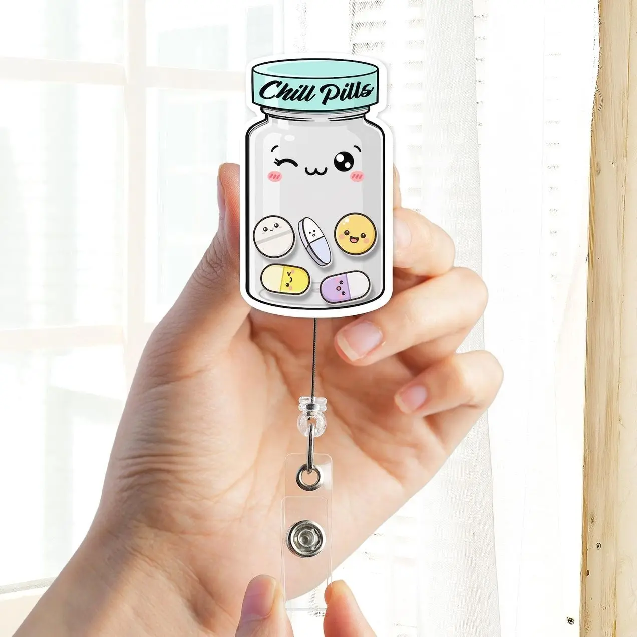 Chill Pills Shaker Badge Reel | Cute Pill Bottle ID Holder | Pharmacy Nurse Gift | Medical Humor TikTok 3BK