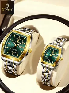 BINBOND 2pcs/Set Couple Watches Fashion Diamond Valentine Day Gift Stainless Steel Waterproof Watch, Fashionable waterproof watch Men Women New Quartz Watches, Fashion Bracelet Watch for Party, Modern Daily Clothing Decor, for Birthday Gift, With Box