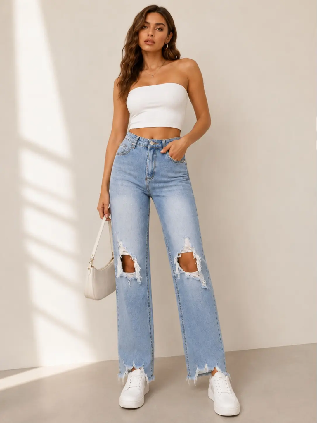 Women’s High Waisted Light Wash Wide Leg Ripped Streetwear Jean Pants - Distressed Denim Bottoms with Raw Hem, Pockets, Button Fasten for Casual Wear