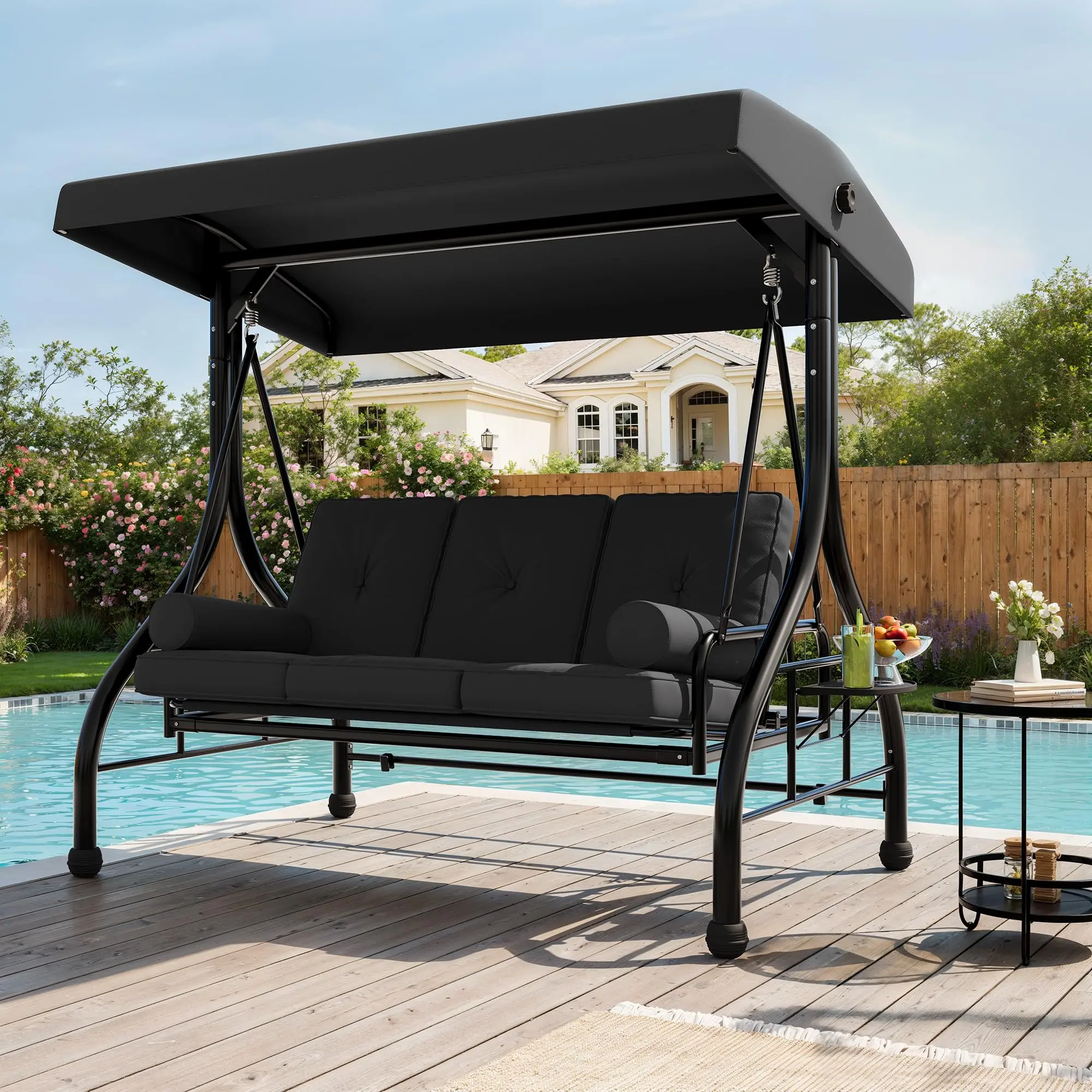 Outdoor Porch Swing with Adjustable Canopy, 3-Seat Patio Swing Chair with Stand, 800LBS Heavy Duty Outdoor Swing for Adults with Cup Holder Tray, Cushion & Pillows, Patio Swings with Canopy for Garden,Gary
