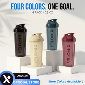 VELOMIX 4-Pack 28oz Protein Shaker Water Bottles - Leak-Proof, BPA-Free, Dishwasher Safe, Easy-Flip Lid, Wire Whisk, Car Holder Fit Gym Accessories for Workout Protein Mixes