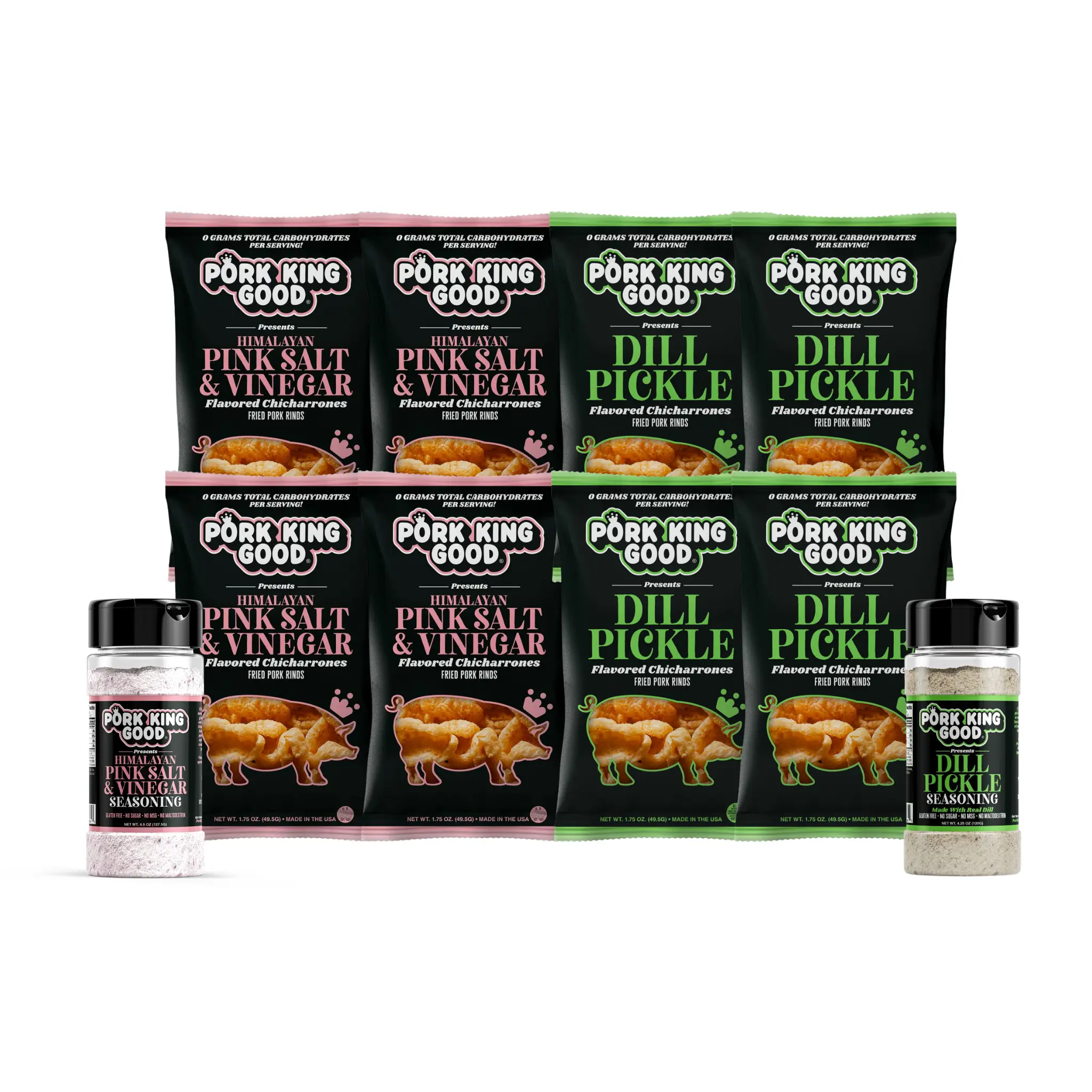 The Pucker Up Pork Rind + Seasoning  Pack - Dill Pickle and Salt & Vinegar Flavored Chicharrones and Seasonings