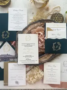 Hunter Green Wedding Invitations – Elegant Pocket Letterpress Wedding Invite Suite Style 311