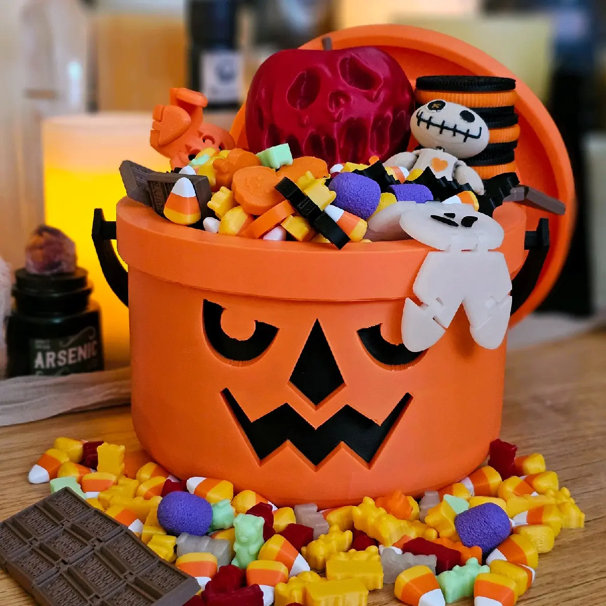 XXL Halloween Boo Bucket, Spooky Decor Gift Basket with 3D Printed Candy, Fidgets, and an Assortment of Crystals, Party Decor