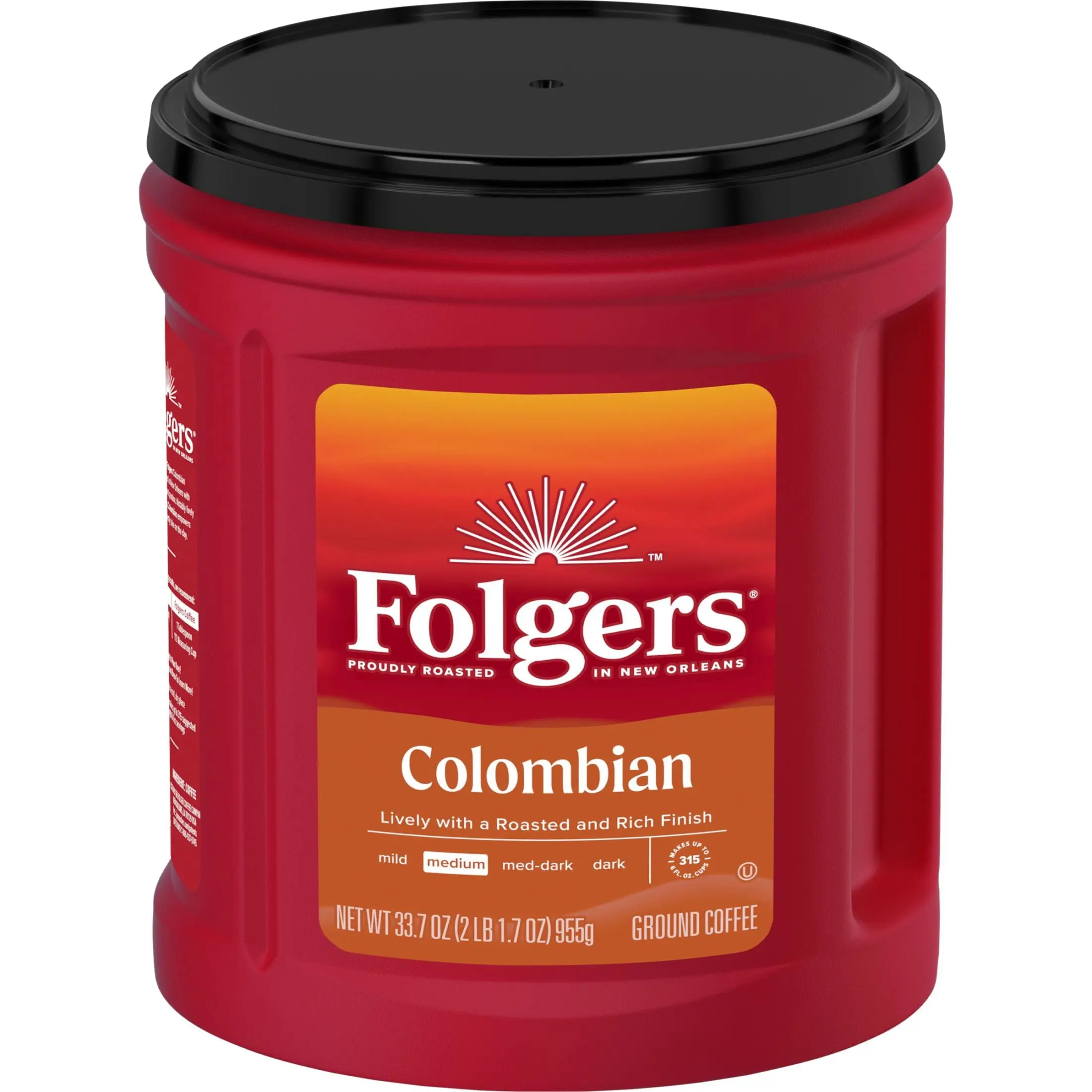 Folgers Colombian Ground Coffee - Medium Roast, 33.7 oz Caffeinated Canister, Carefully Crafted for All Ages, Pour Over Compatible, Rich and Lively Flavor with Rich Finish