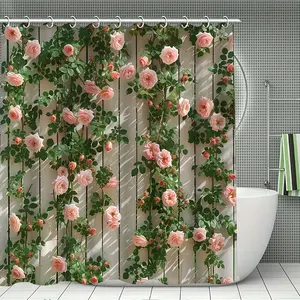 1pcs Summer Wood Wall Pink Rose Print Shower Curtain, Decorative Bathroom Set Includes Waterproof Shower Curtain and 12 Plastic Hooks, Bathroom Accessories, Home Decor, Shower Curtain Sets