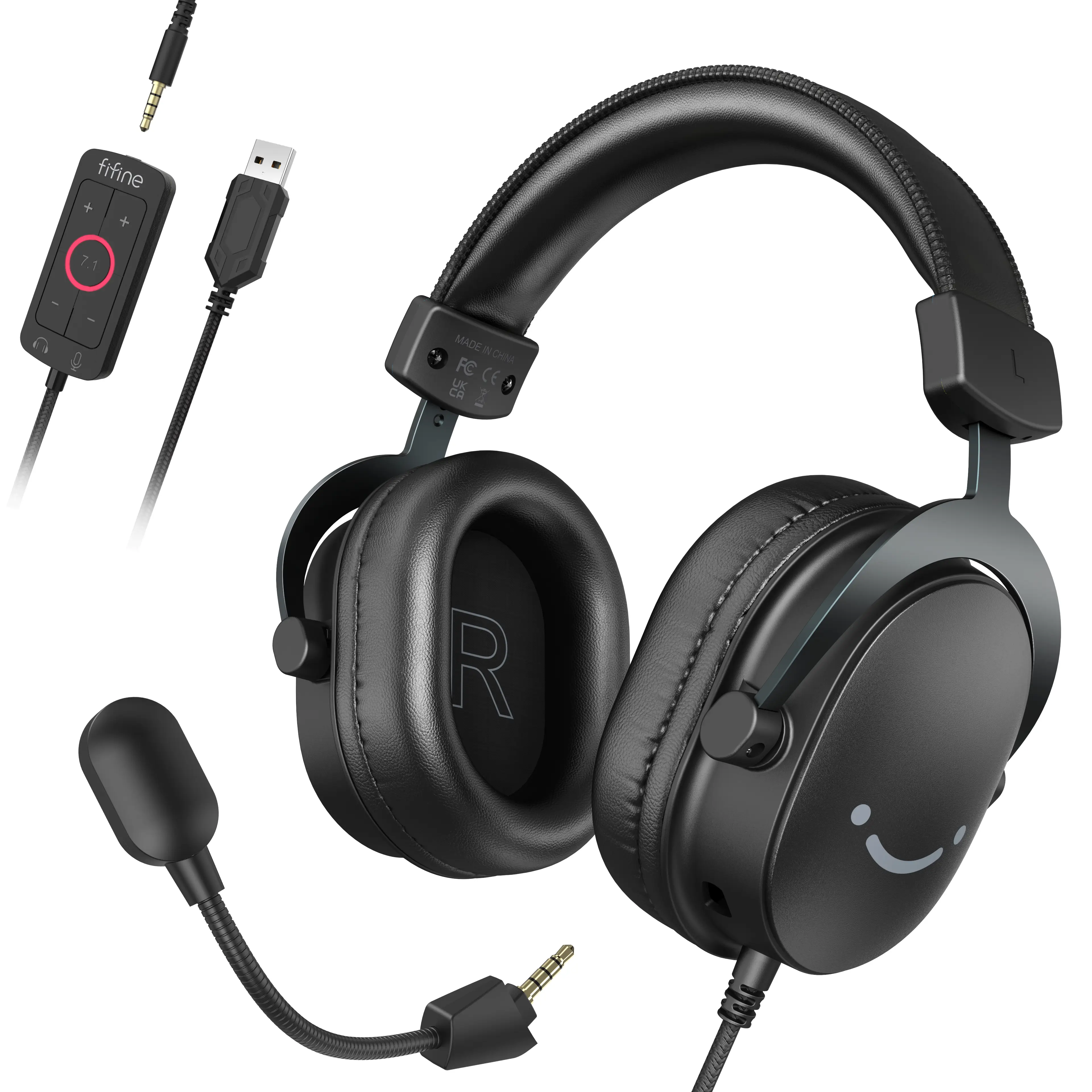 FIFINE H9 PC Gaming Headset, USB Gamer Headset with 7.1 Surround Sound, Detachable Microphone, Control Box, 3.5mm Headphones Jack, Over-Ear Wired Head