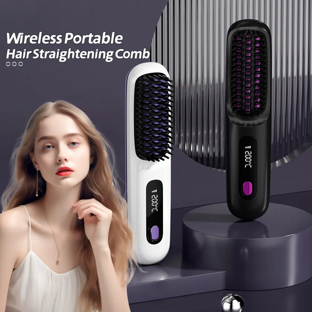 New LCD USB rechargeable ceramic heating electric comb hair straightener wireless portable mini hair straightening comb