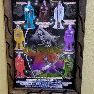 Santa Muerte 7 Potencias Wall Frame With Prayer Rustic 18X13 " Rustic Wood LG Decor Religious Wooden