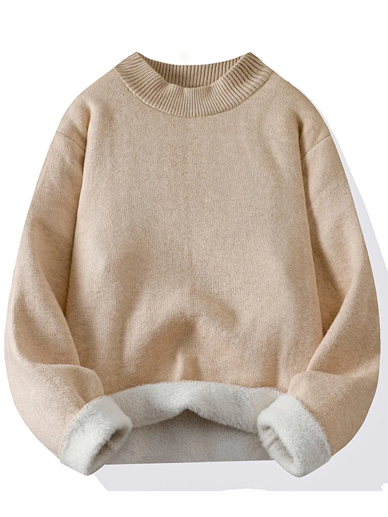 Men's Solid Long Sleeve Crew Neck Thermal Lined Pullover, Loose Casual Fashion Warm Sweater for Fall & Winter, Men's Knitwear for Daily Wear