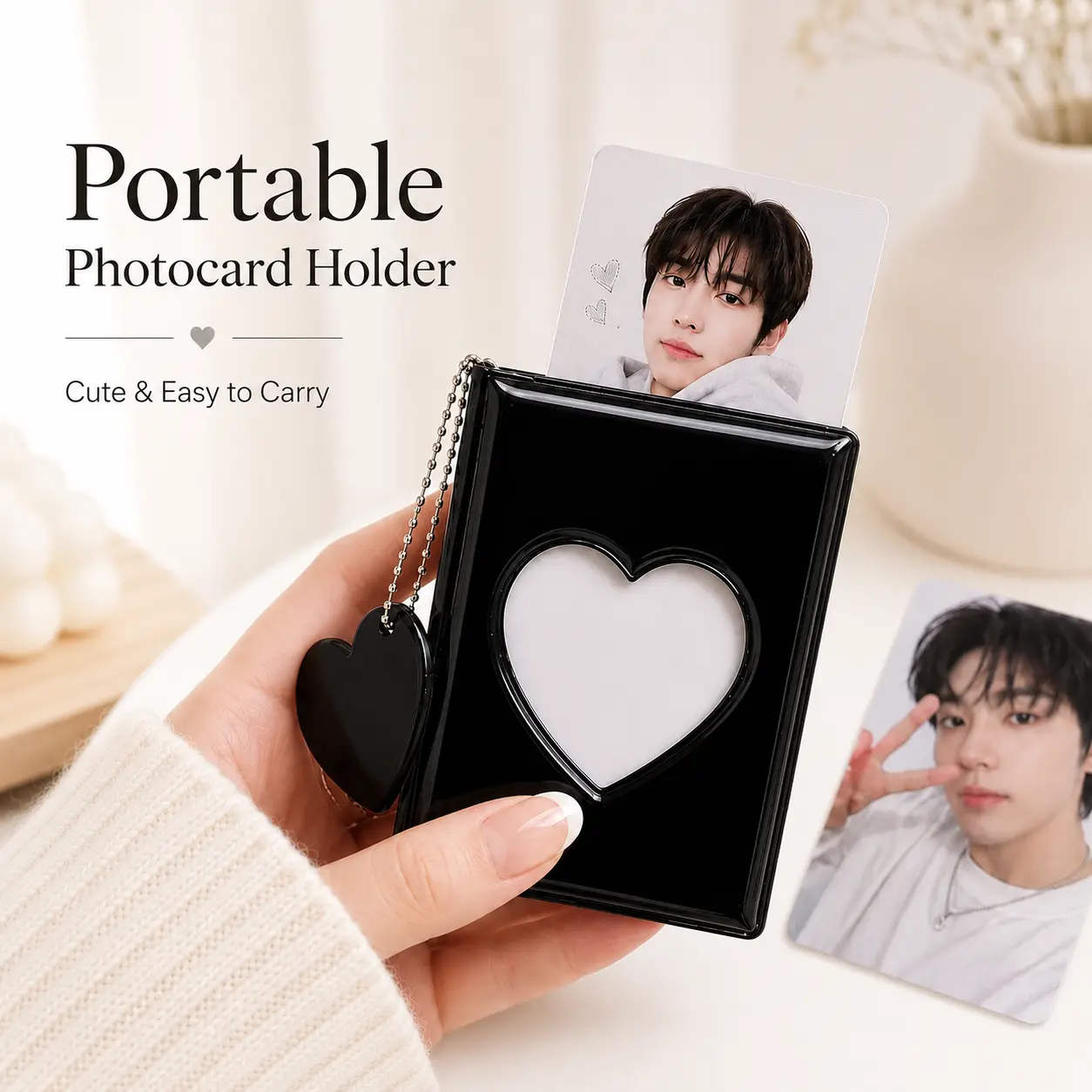 3-Inch Kpop Photocard Binder, Cute Glossy Mini Collect Book with Heart Window, 32 Pockets & Heart Pendant, Portable Album for Idol Cards, Polaroids and Mini Photos
