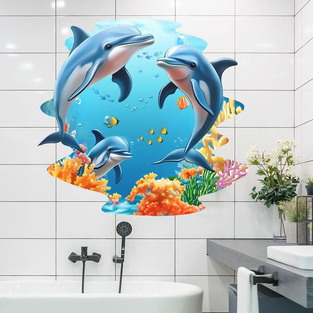 Dolphin Pattern Wall Sticker, 4 Counts/set Self Adhesive Wall Decal, Decorative Sticker for Home Bathroom Living Room Bedroom, Cute Wall Decor