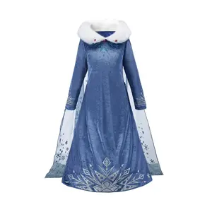 (New)Girls' Fashion Cute Princess Dress, Halloween Costume Birthday Party Outfit with Dark Blue Long Sleeve Semi-Transparent Cape and Snowflake Pattern Decoration, Winter Gown - Perfect Girl's Present