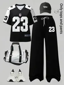 2-Piece Women’s Athleisure Set: Black Number 23 V-Neck Jersey & Matching Loose-Fit Pants, Vintage Sporty Style Streetwear Tracksuit Set for Gym, Casual Outings and Streetwear