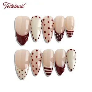 Burgundy Dot Handmade Press-On Nails | Medium Almond Shape, 10pcs | Spring Summer Trending Nude Pink & Burgundy Polka Dots | Retro Aesthetic & Soft Girl Nails | High Gloss Mirror Finish | Reusable DIY Manicure Kit  | Trendy Cute False Nails