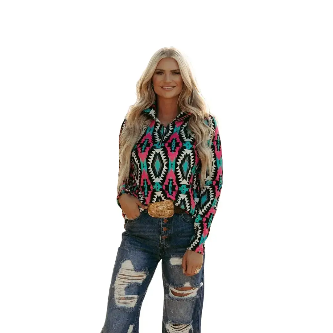 Sterling Kreek Women's Soft Montezuma Aztec Print Quarter-Zip Long-Sleeve Hoodie Pullover Tee - Pink Turquoise Western Cowgirl Style, Spandex-Rayon-Cotton Fabric, Adjustable Fit, Functional Pockets, Casual Everyday Wear